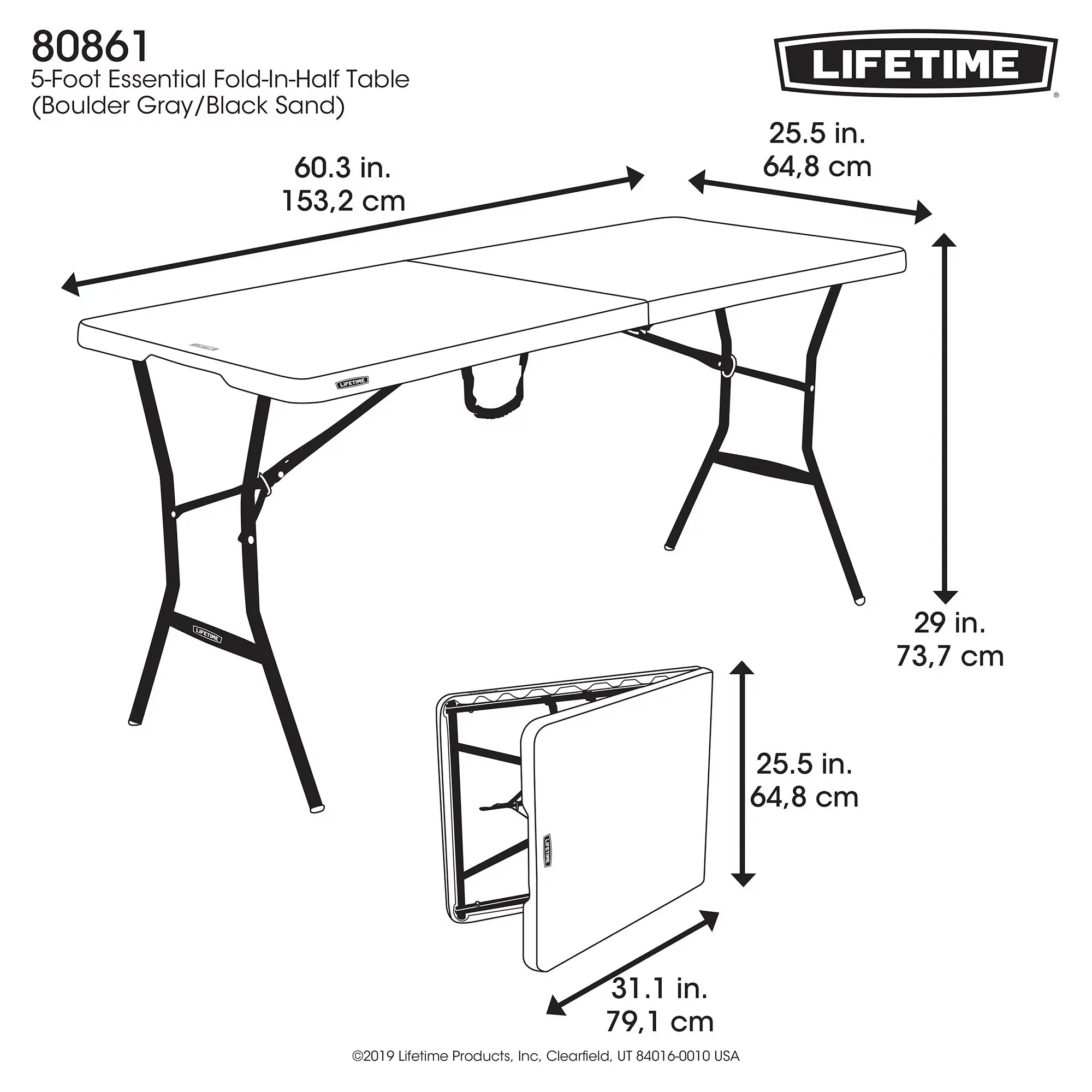 Lifetime 5 Foot Rectangle Fold-in-Half Table, Indoor/Outdoor Essential, Gray, 60.3" x 25.5" (80861)