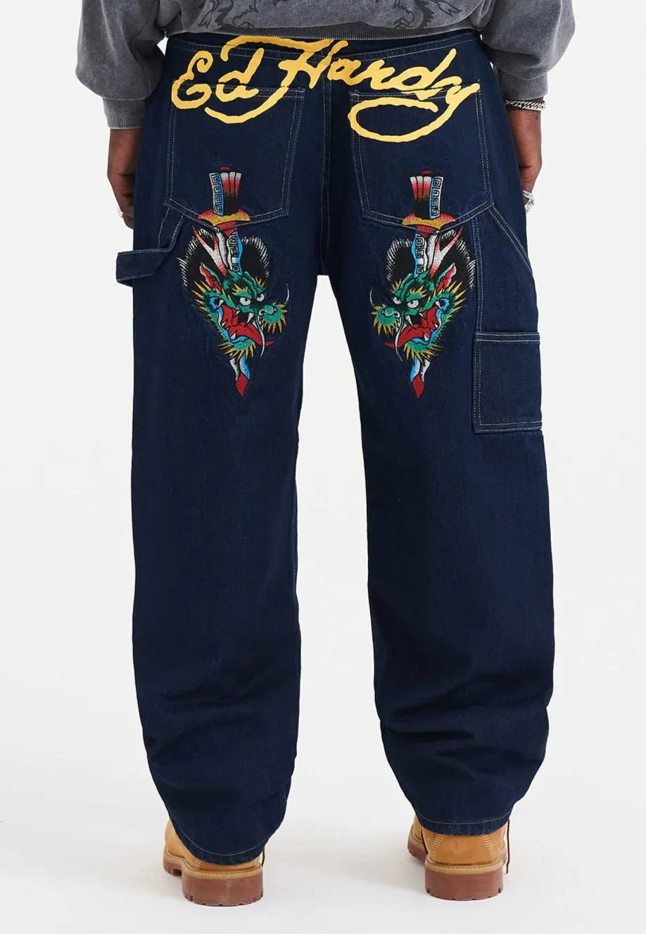 Mens Double Knee Drag Dagger Denim Trousers Jeans - Indigo