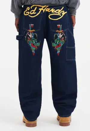 Mens Double Knee Drag Dagger Denim Trousers Jeans - Indigo