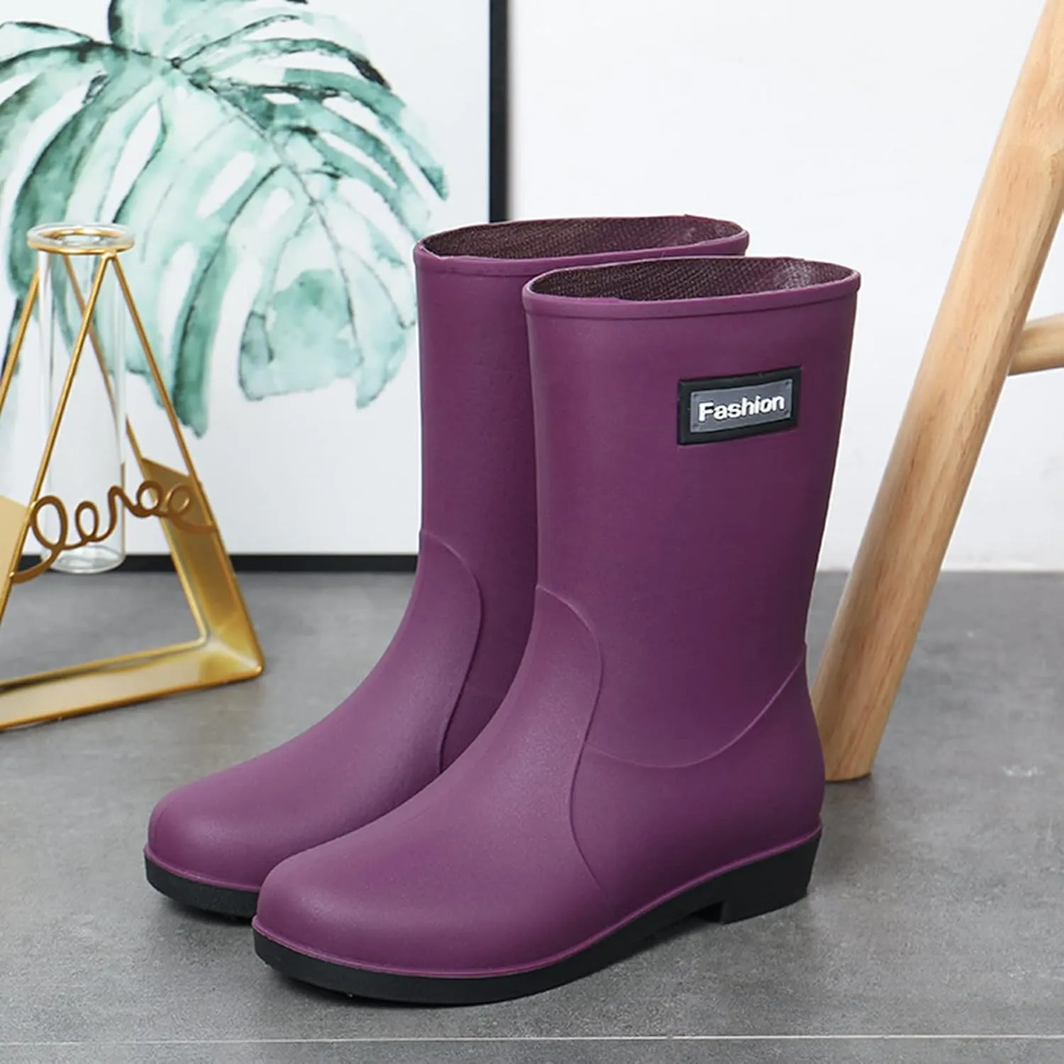 Women Wide Calf Rain Boots Light Waterproof Anti Slip PVC Rubber Garden Boot Matte Surface Work Walking Rain Shoes